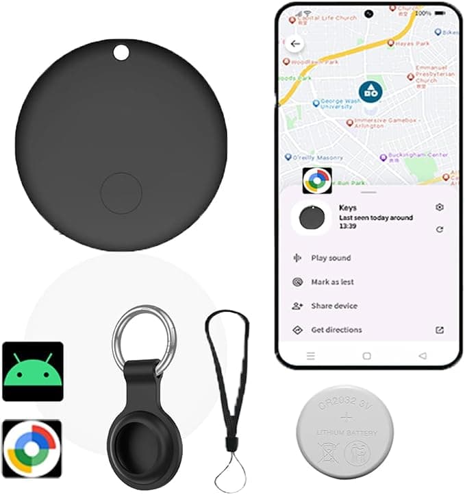 Android Bluetooth Tracker, Key Finder Works with Google Find Hub App, Item Locator for Keys, Wallet, Bags, Luggage, Android Air Tracker Tag with Extra Battery & Waterproof Silicone Holder, Black