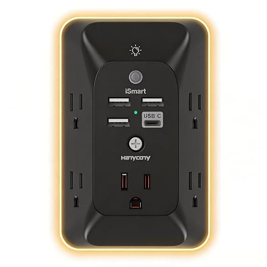Outlet Extender with Night Light, Multi Plug Outlet Splitter, USB Wall Charger Surge Protector with 4 USB Ports (1 USB C), 5 Widely Spaced AC Outlets, Expander for Home, Dorm Room Essentials, Black